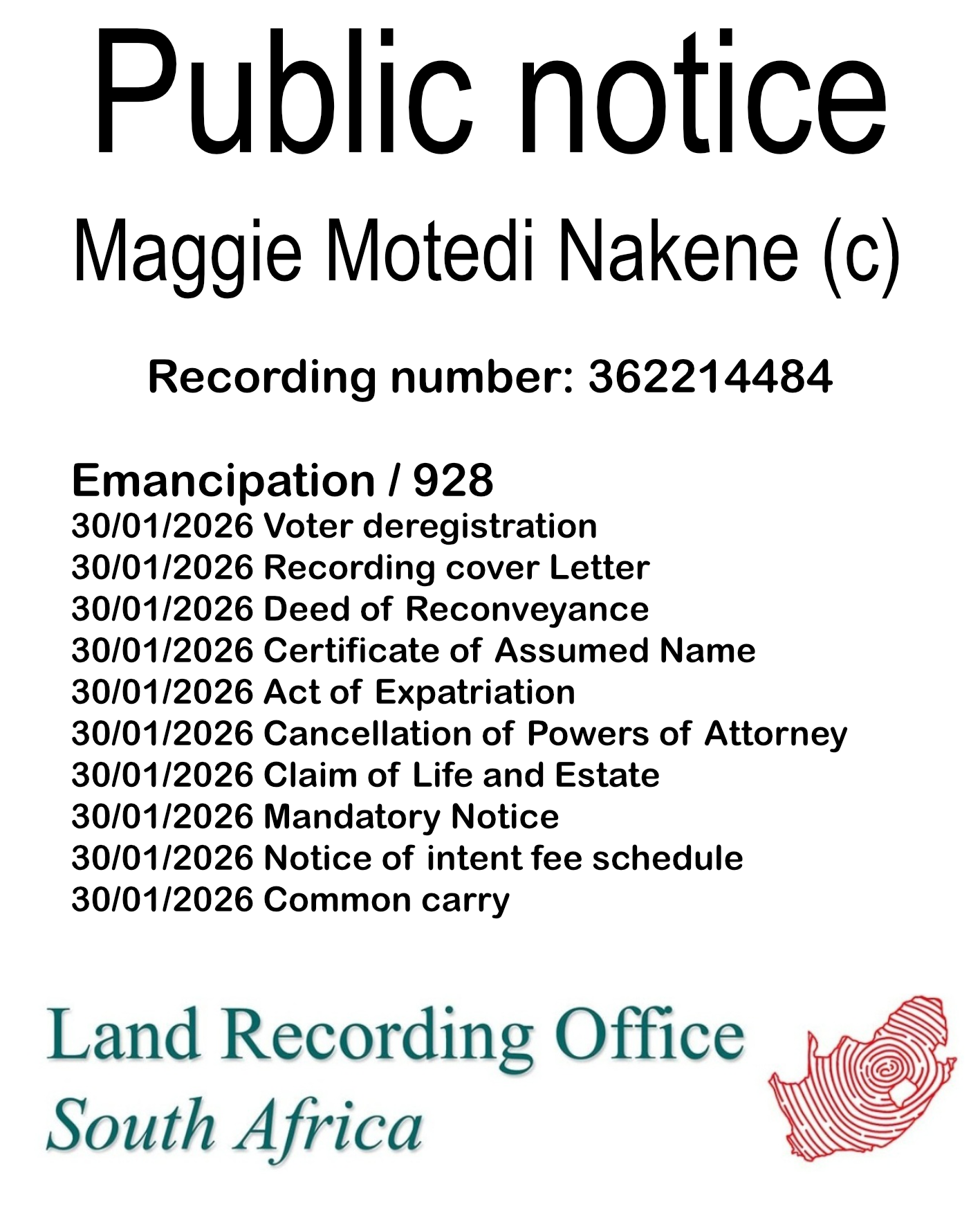 Public notice Maggie Motedi Nakene (c) Recording number 362214484
